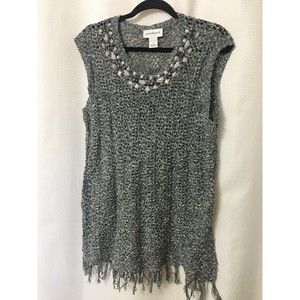 Peck & Peck Knit Vest Crochet Beaded Top X-Large Gray Black White 100%Cotton  A3